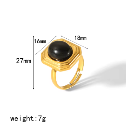 Anello in acciaio dorato con pietra agata nera-R131