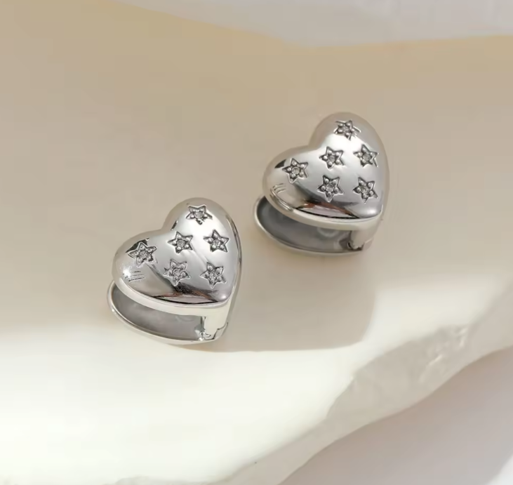 Orecchini cuore in acciaio argento con stelle-EA598