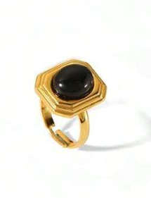 Δαχτυλίδι χρυσό ατσάλι με μαύρη πέτρα αχάτης-R131