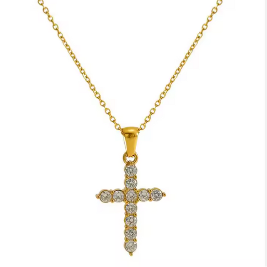 Colar cruz de aço dourado com zircão-NE078