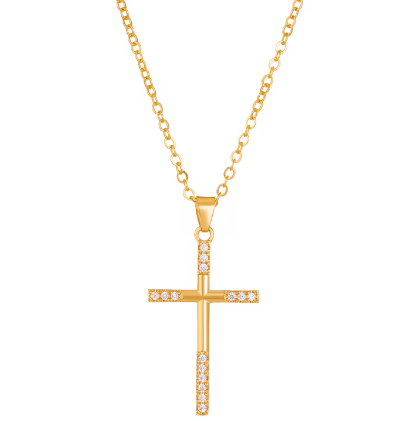 Collana croce con zirconi in acciaio oro-NE046
