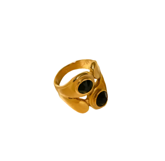 Ring Gold Plot with two black stones-r210