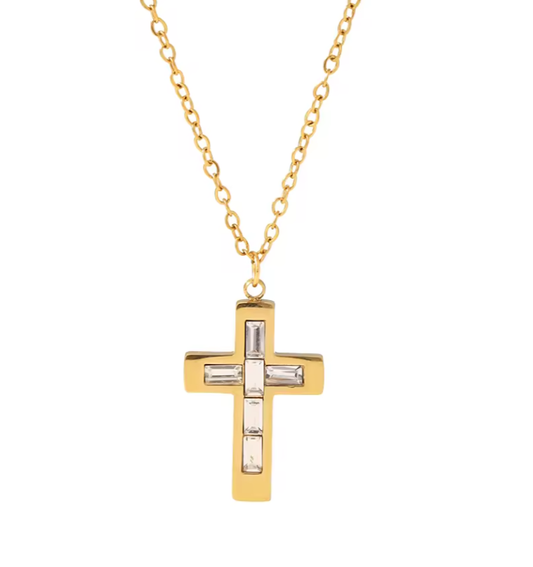 Collana croce in oro con grandi pietre zirconi-NE042