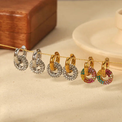 Earrings of steel double link with zircon-ea015