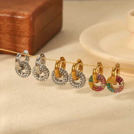 Earrings of steel double link with zircon-ea015