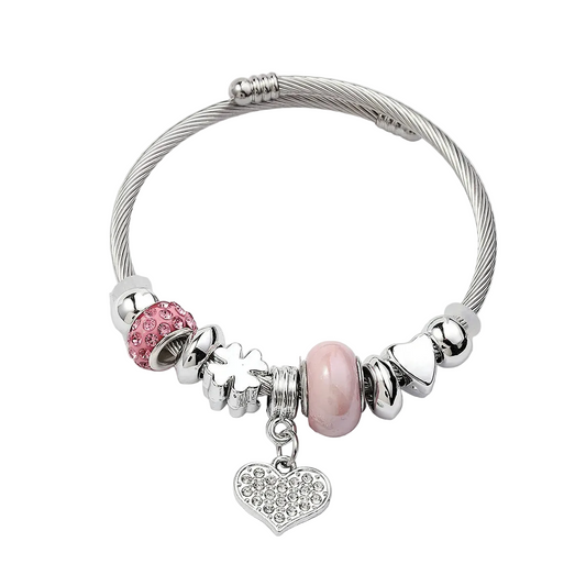 Βραχιόλι ατσάλινο bangle με καρδιές και ροζ charms -BR306