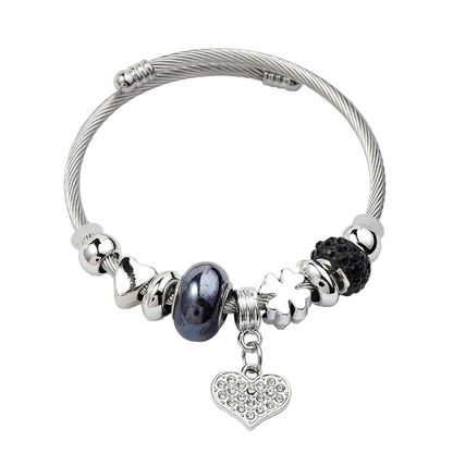 Βραχιόλι ατσάλινο bangle με καρδιές και μαύρα charms-BR307