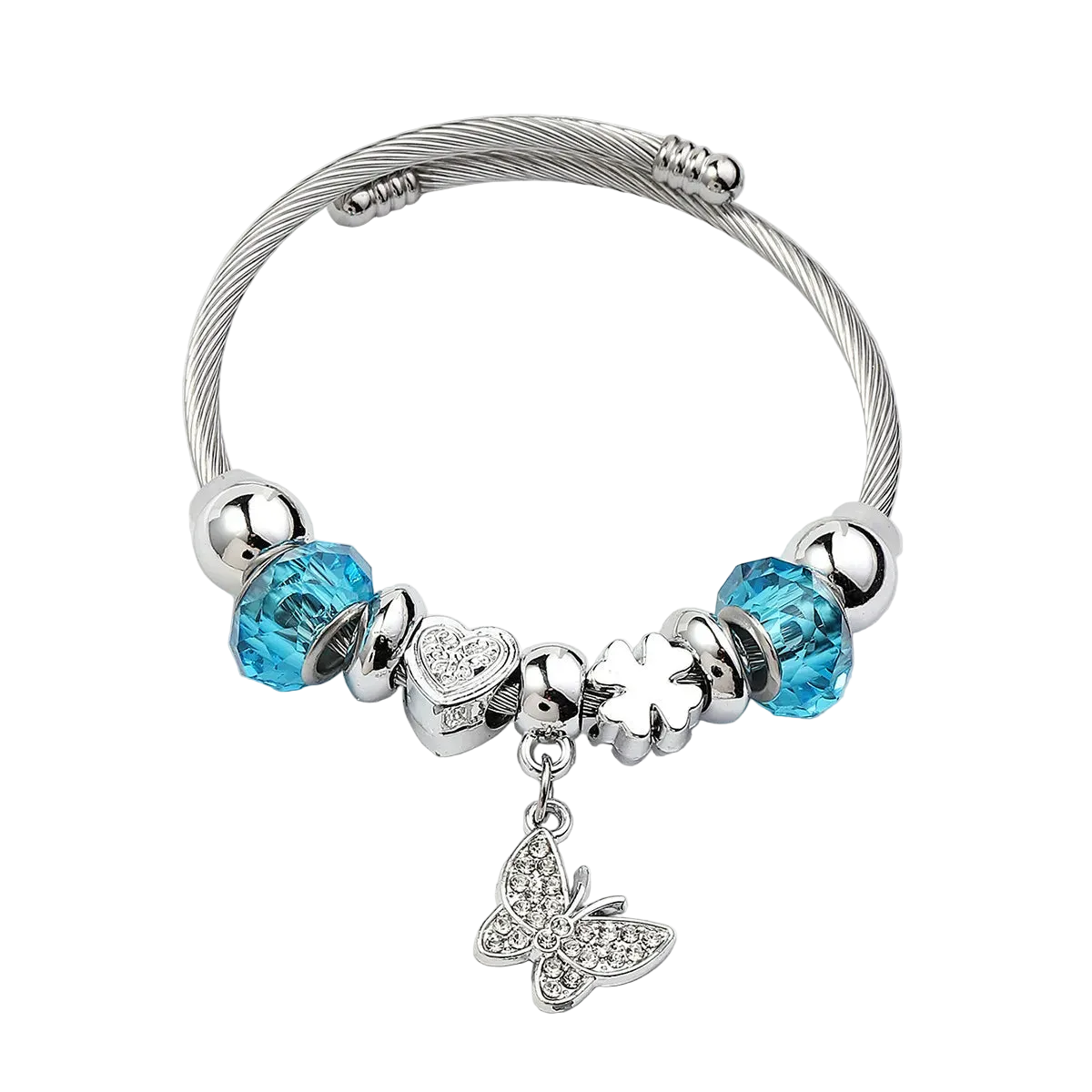 Βραχιόλι ατσάλι bangle με γαλάζια charms και πεταλούδα-BR300