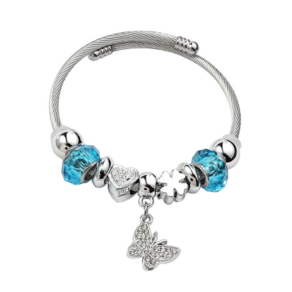 Βραχιόλι ατσάλι bangle με γαλάζια charms και πεταλούδα-BR300