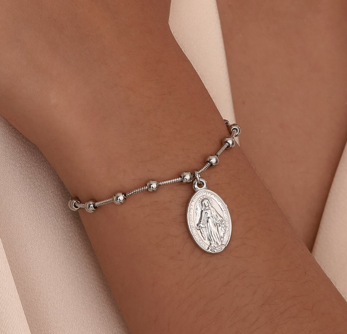 Steel Bracelet with Virgin Mary and Stavros-B232