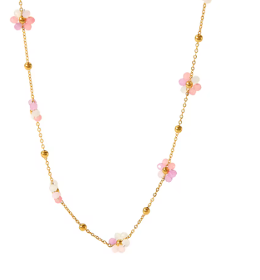Κολιέ ατσάλι χρυσό με ροζ ακρυλικά λουλούδια-NE466