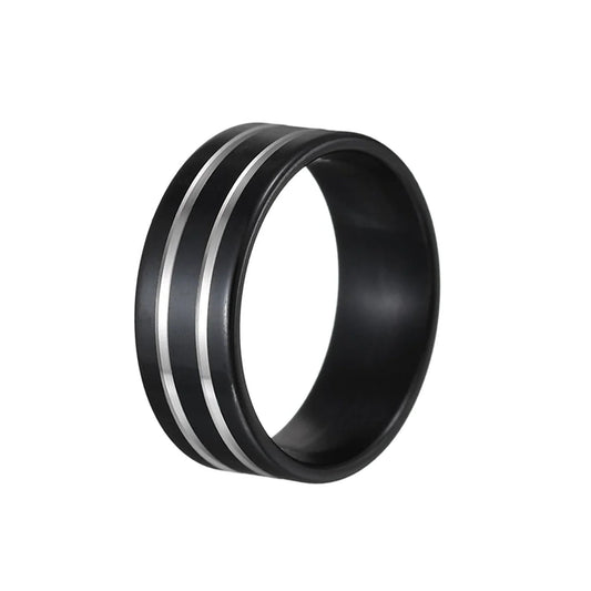Δαχτυλίδι βέρα από ατσάλι μαύρο με ασημί ρίγες - R066