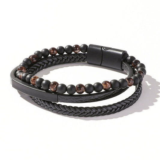 Leather and beaded bracelet with steel clasp- br129