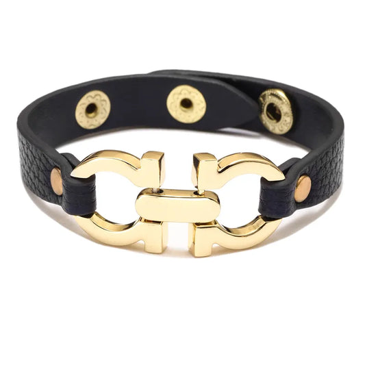 Bracelet with black leather and gold elements - br143