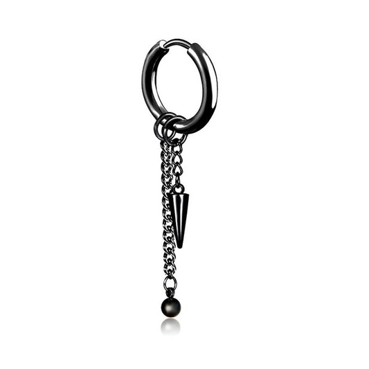 Steel earring with black cone dangle and chain - ea287