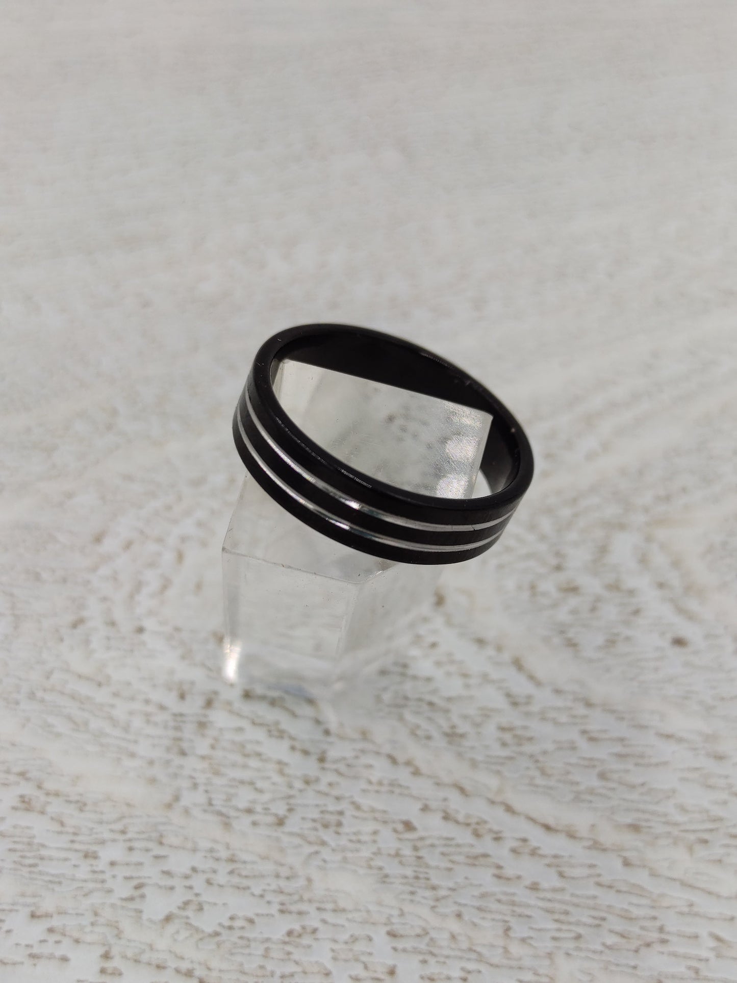 Black steel wedding ring with silver stripes - R066