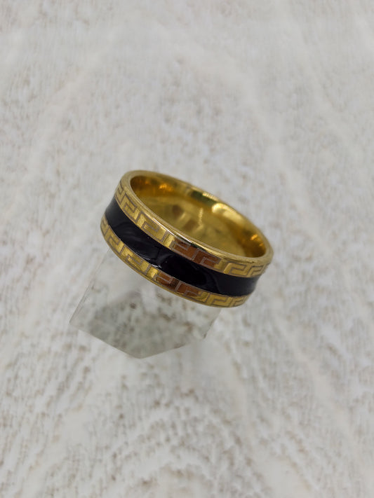 Steel ring gold with black stripe - R056