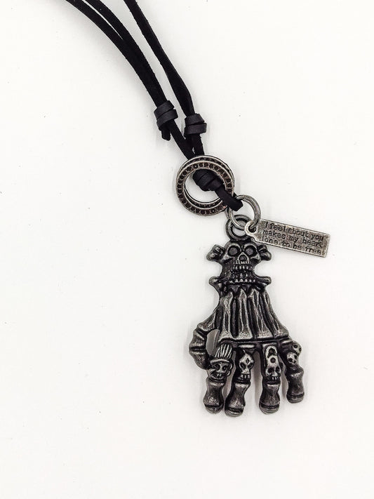 Leather necklace with silver hand figure - ne115