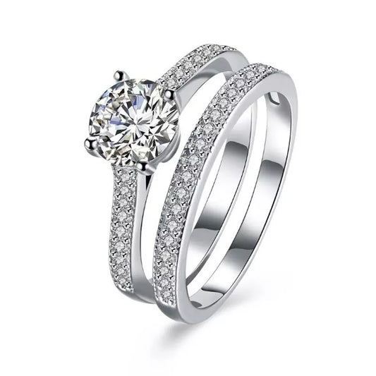 Single stone and zircon wedding ring set - R006