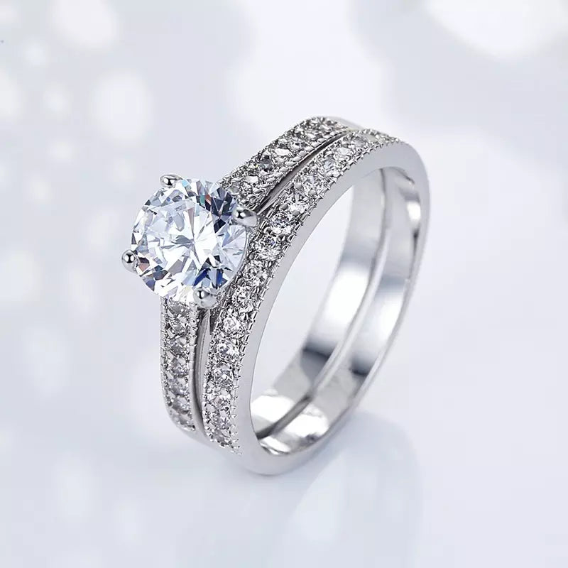 Single stone and zircon wedding ring set - R006