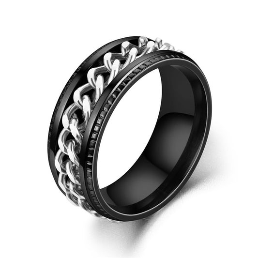 Black steel ring with silver chain - R046