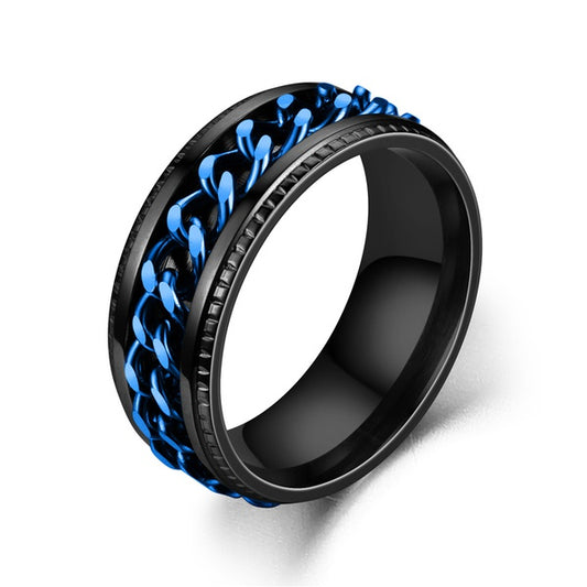 Black steel ring with blue chain - r081
