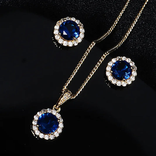 Conjunto de collar y pendientes de acero y circonitas azules - SET012