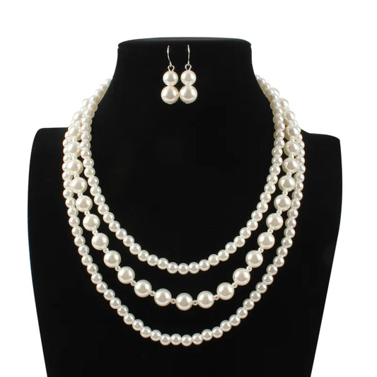 Triple pearl necklace and earrings set - set018