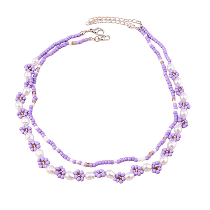 Set of 2 purple necklaces with beads and daisies - ne447