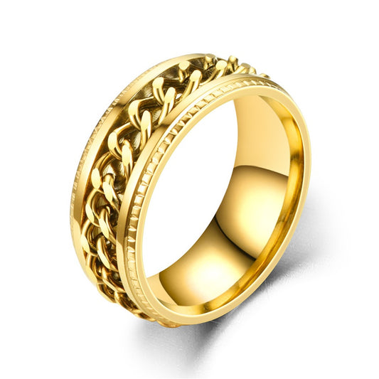 Steel ring in gold with gold chain - R042