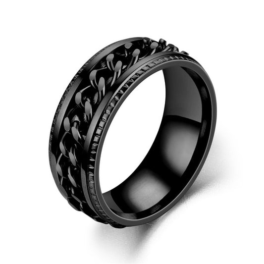 Black steel ring with black chain - R043
