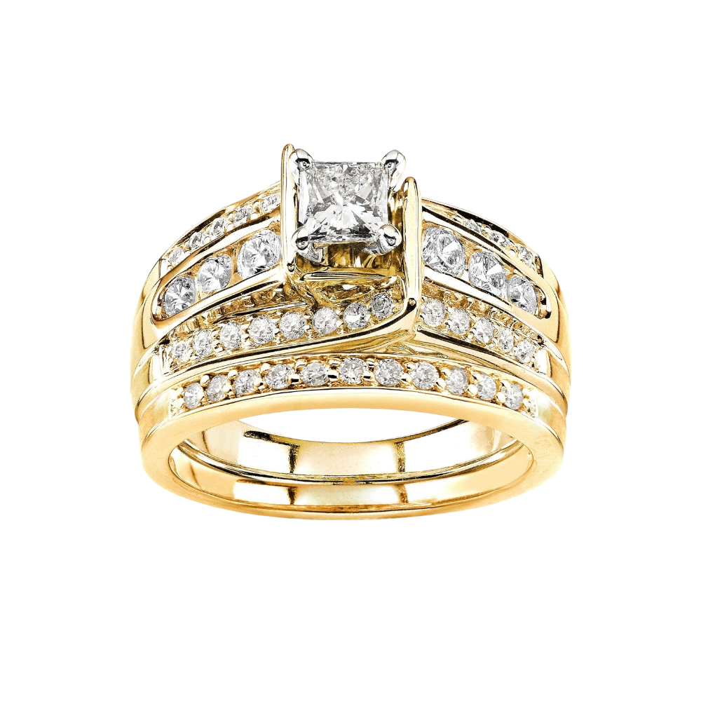 Gold double ring and wedding ring set with zircon - R181
