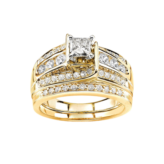 Gold double ring and wedding ring set with zircon - R181