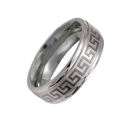 Steel ring with silver meander - R050